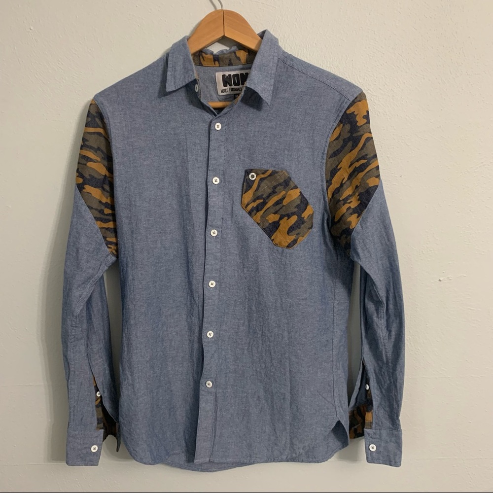 WON Woolf clothing mens camo denim button up